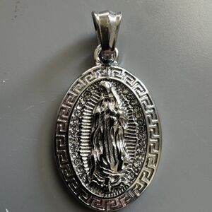 Virgin Mary Stainless Steel Pendant Jesus Christ Religious Cubic Zirconia 24”